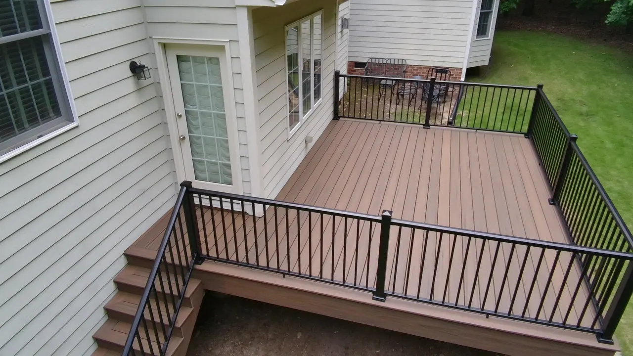 Composite deck with black aluminum railing running along a cream-sided home