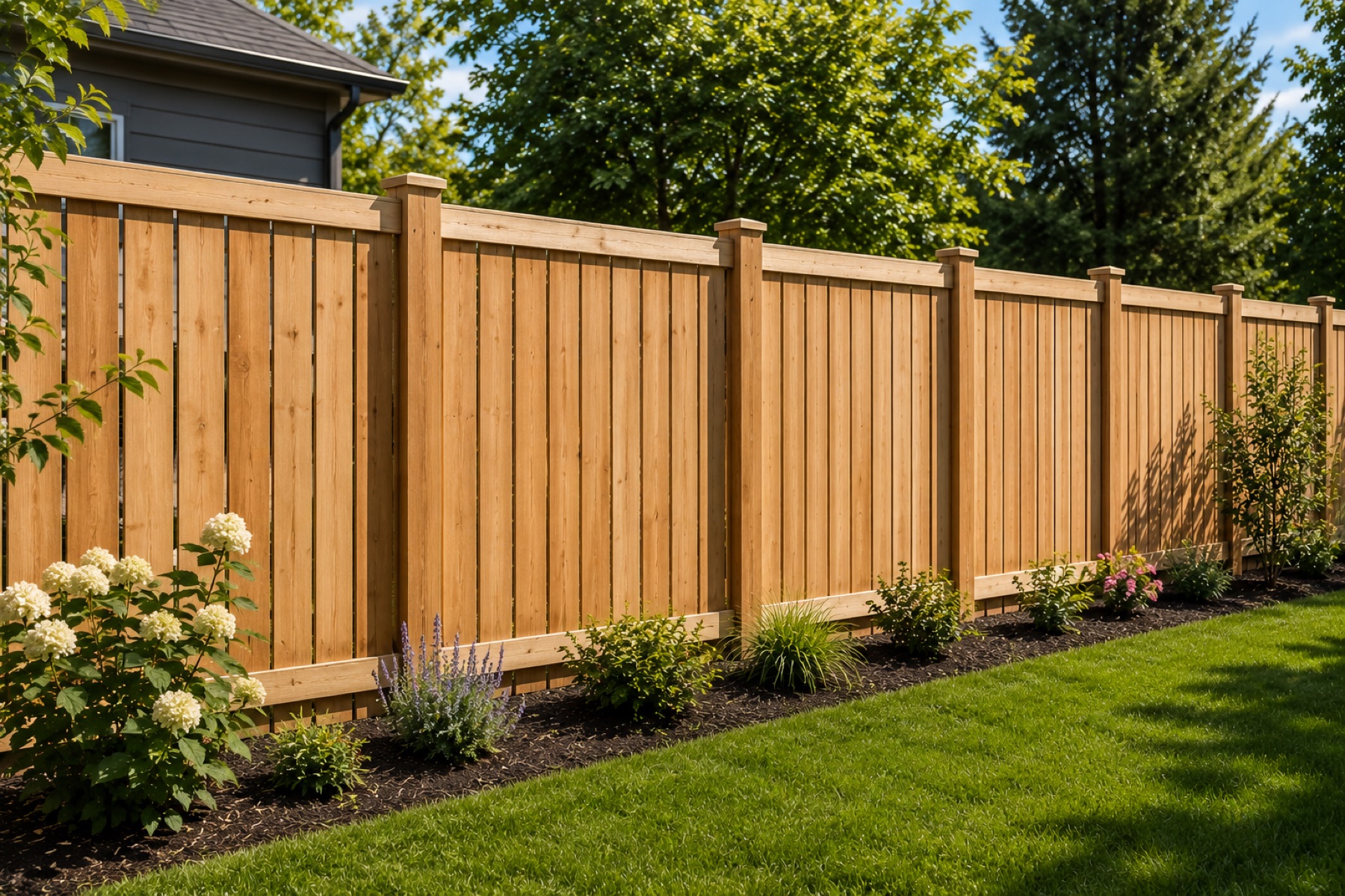 Cedar wood privacy fence with landscaped border by Mission Decks